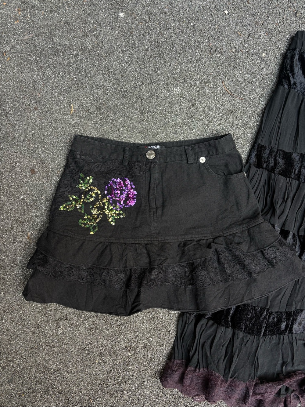 Black Ruffled Mini Skirt with Floral Sequin Accent